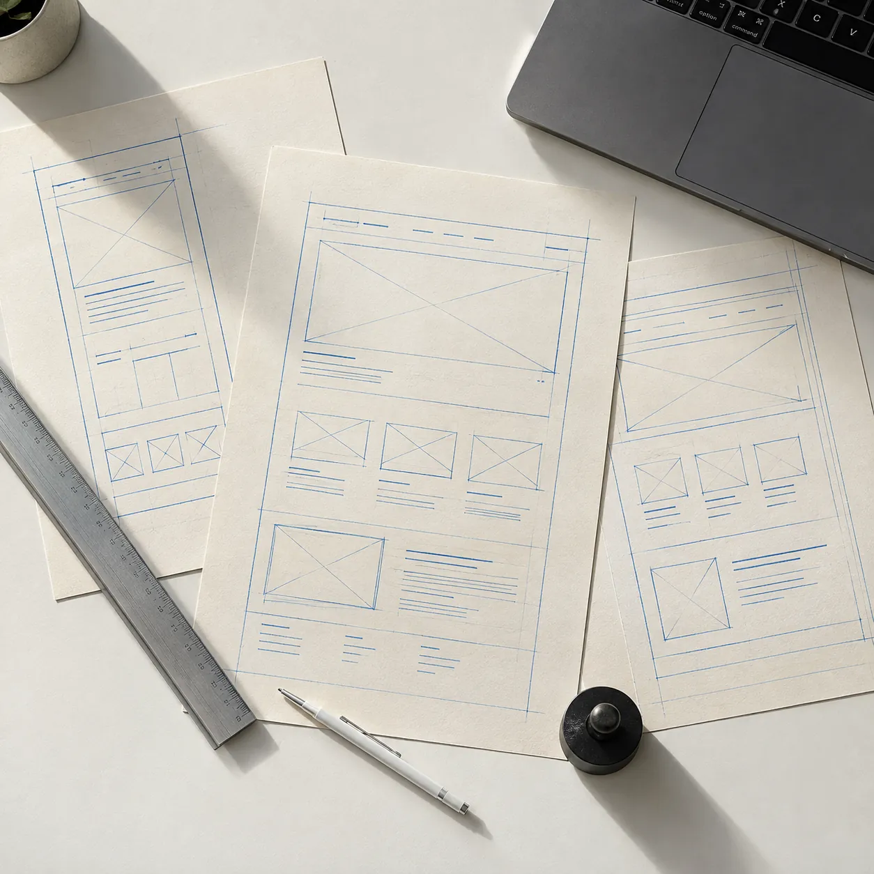 Hand-drawn website wireframes on paper beside a steel ruler and pencil